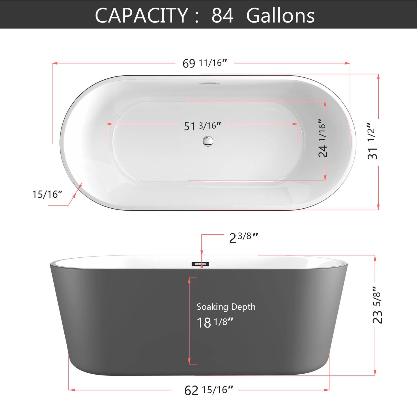 70" Freestanding Bathtub Acrylic Stand Alone Soaking Tub Modern Oval Shaped CUPC Certified with Chrome Pop-up Drain Slotted Overflow and Self-Leveling Legs Grey