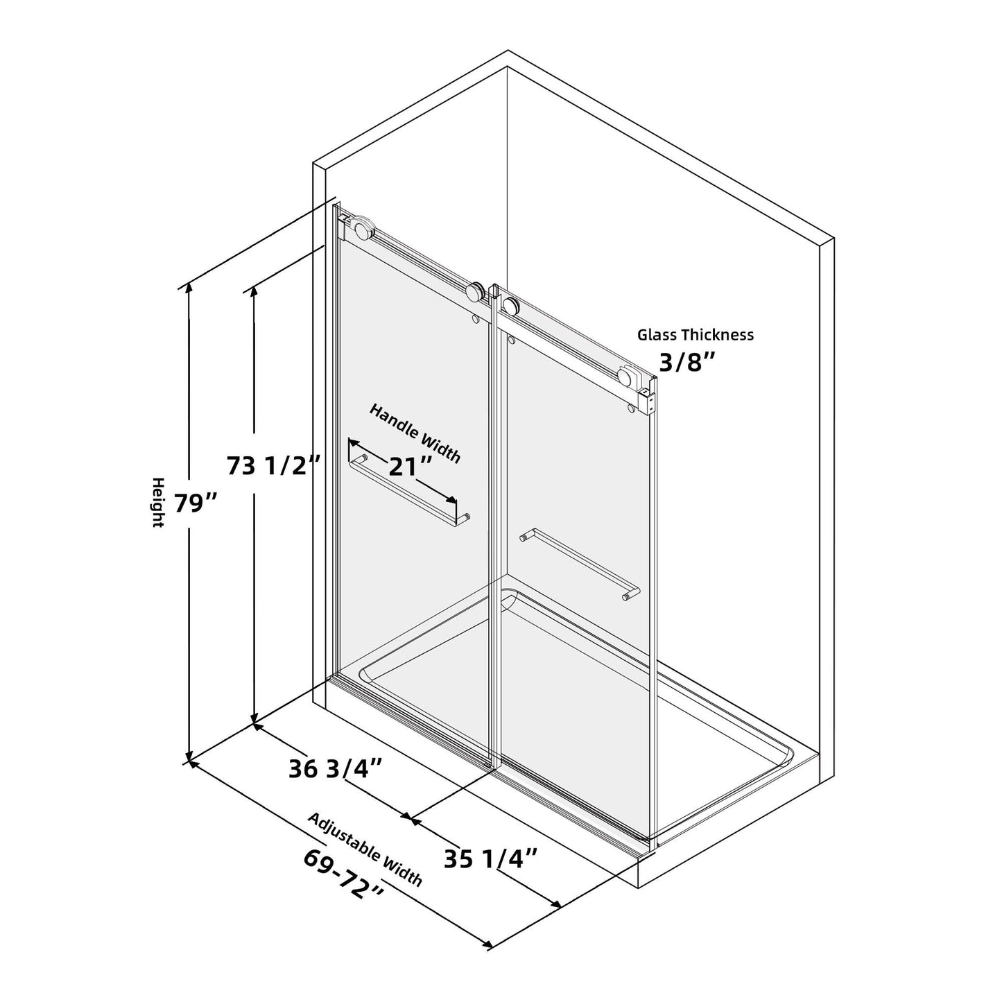 Frameless Double Sliding Shower, 69" - 72" Width, 79" Height, 3/8" (10 mm) Clear Tempered Glass, , Designed for Smooth Door with Clear Tempered Glass and Stainless Steel Hardware in Matte Black Finish