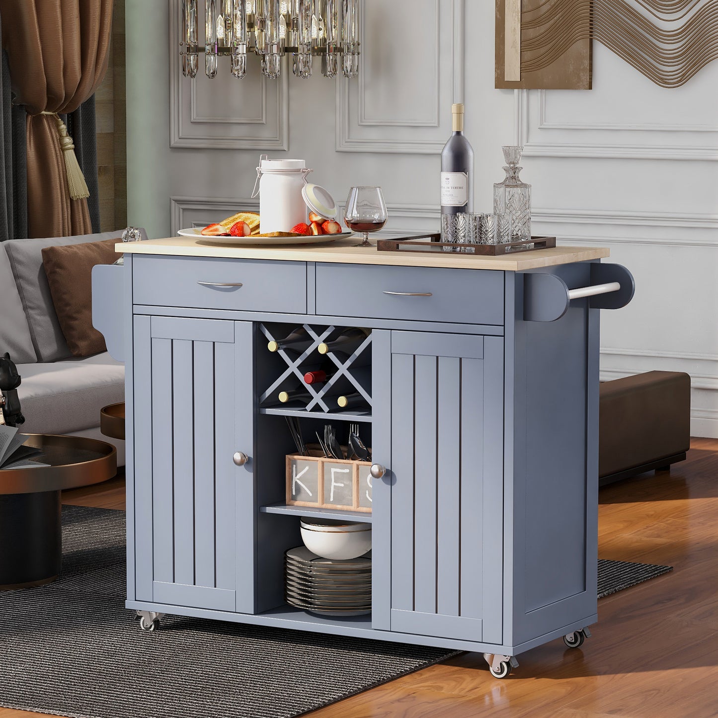 K&K Store Kitchen Island Cart with Two Storage Cabinets and Four Locking Wheels，Wine Rack, Two Drawers,Spice Rack, Towel Rack （Grey Blue）