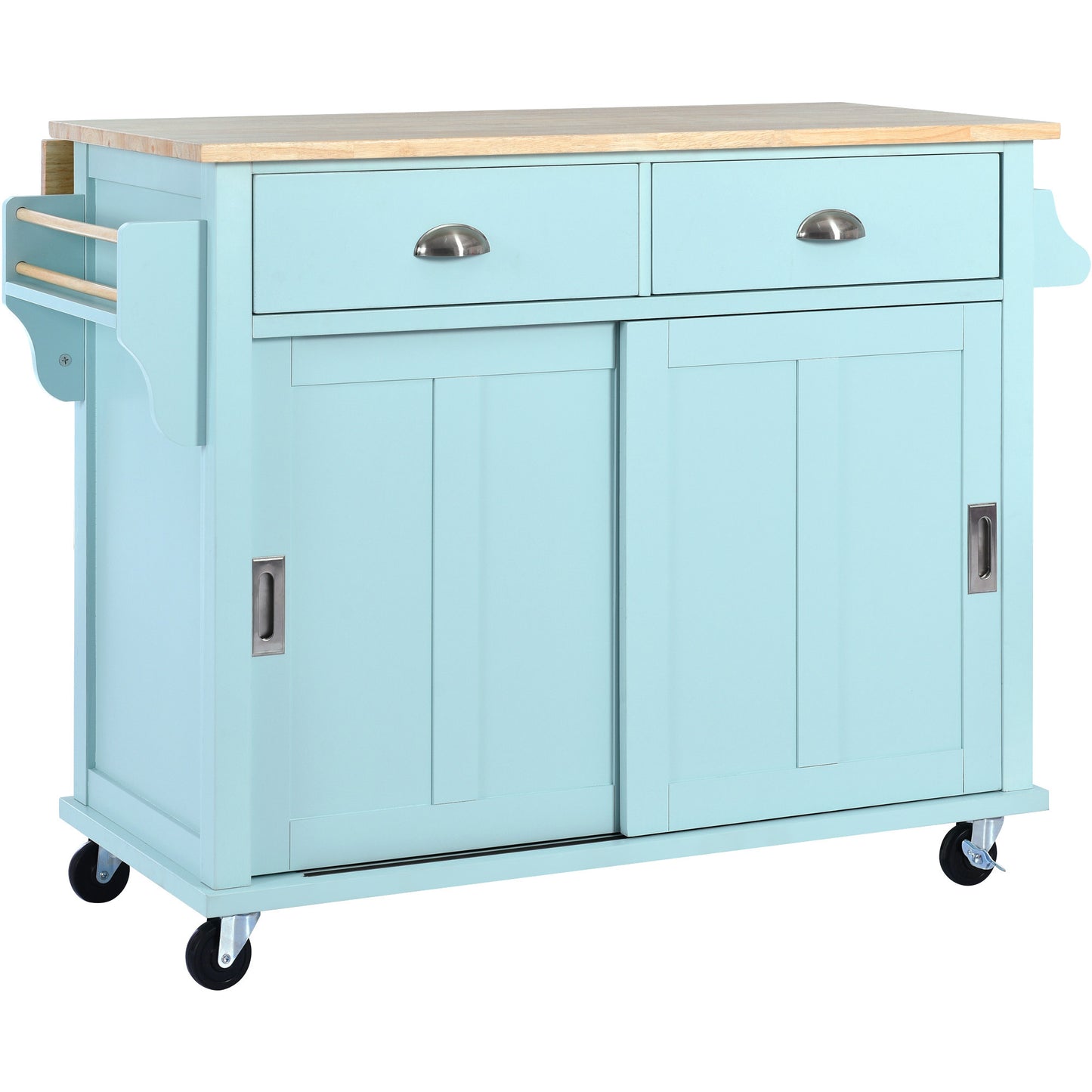 K&K Kitchen Cart with Rubber wood Drop-Leaf Countertop, Concealed sliding barn door adjustable height,Kitchen Island on 4 Wheels with Storage Cabinet and 2 Drawers,L52.2xW30.5xH36.6 inch, Mint Green