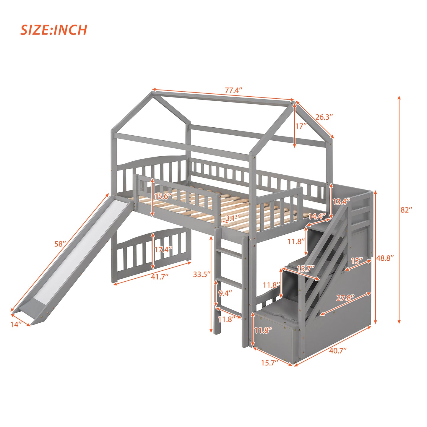 Twin Loft Bed with Two Drawers and Slide, House Bed with Slide,Gray (OLD SKU:LP000030AAE)