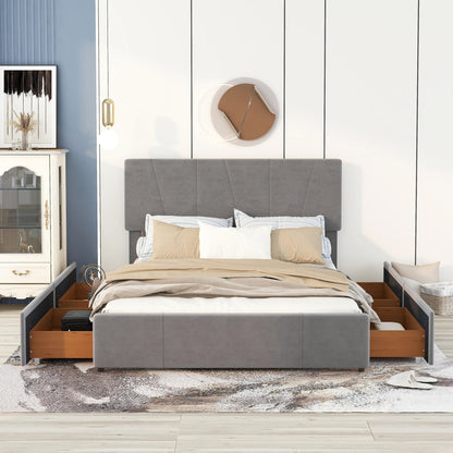 Queen Size Upholstery Platform Bed with Four Drawers on Two Sides,Adjustable Headboard,Grey