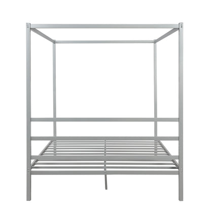 Metal Framed Canopy Platform Bed with Built-in Headboard,No Box Spring Needed, Classic Design, Queen , Sliver