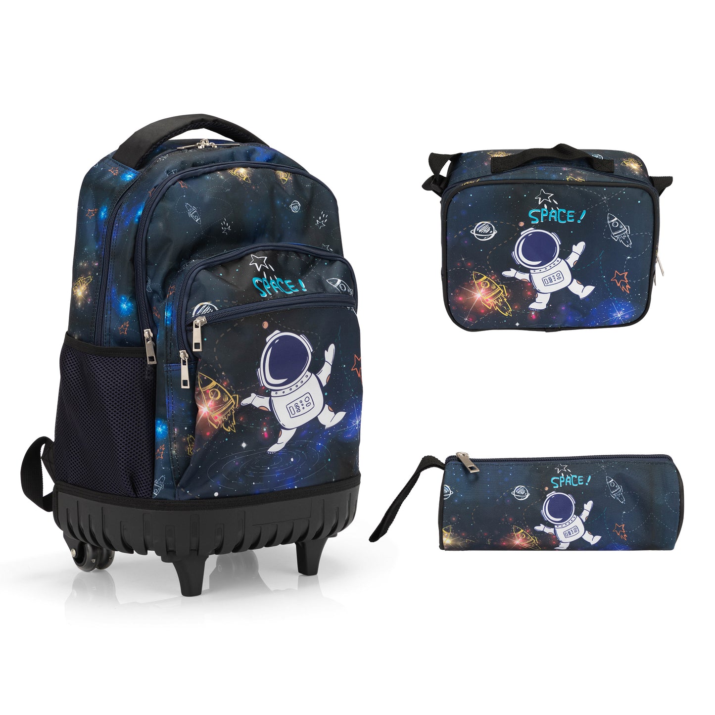 20-Inch 3PCS Kids Rolling Luggage Set, Trolley Backpack with Lunch Bag and Pencil Case for Girls / Boys, Suitcase with Astronaut Pattern