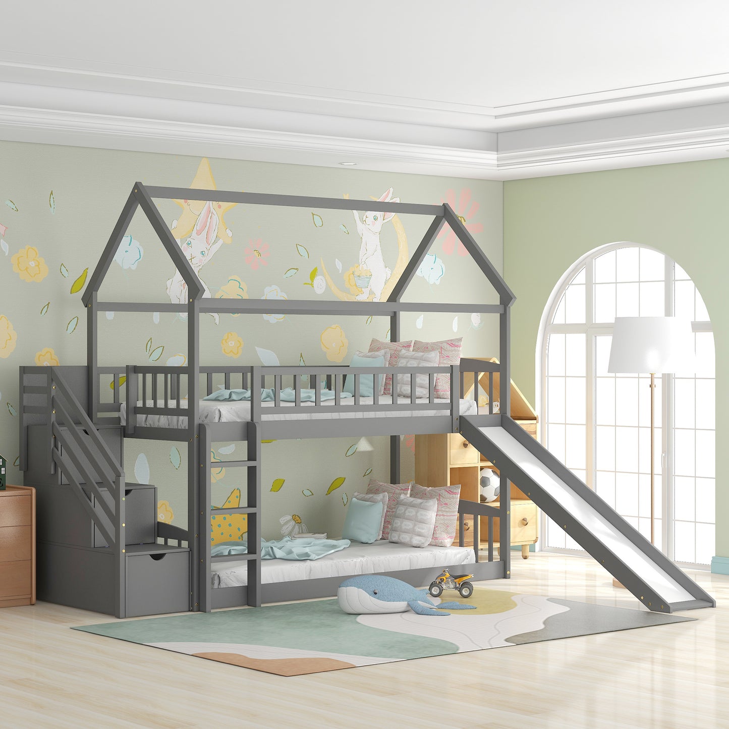 Twin Over Twin Bunk Bed with Drawers and Slide, House Bed with Slide,Gray(OLD SKU :LT000215AAE)