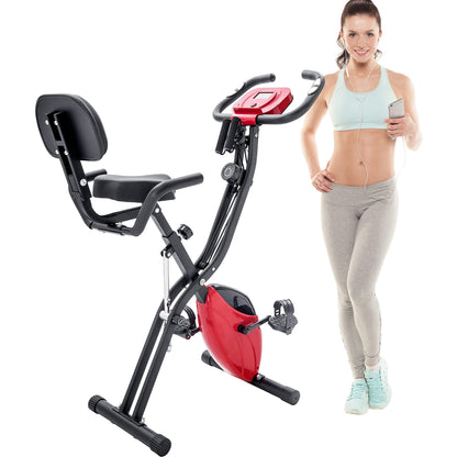 Folding Exercise Bike, Fitness Upright and Recumbent X-Bike with 10-Level Adjustable Resistance, Arm Bands and Backrest