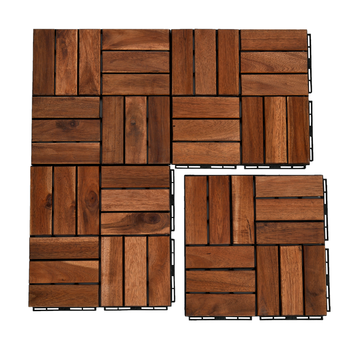 12" x 12" Square Acacia Wood Interlocking Flooring Tiles Checker Pattern Pack of 10 Tiles