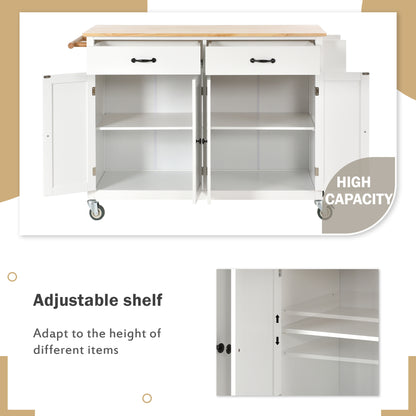 Kitchen Island Cart with Solid Wood Top and Locking Wheels，54.3 Inch Width，4 Door Cabinet and Two Drawers，Spice Rack, Towel Rack （White）