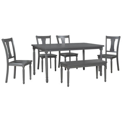 TREXM Classic 6-Piece Dining Set Wooden Table and 4 Chairs with Bench for Kitchen Dining Room (Gray)