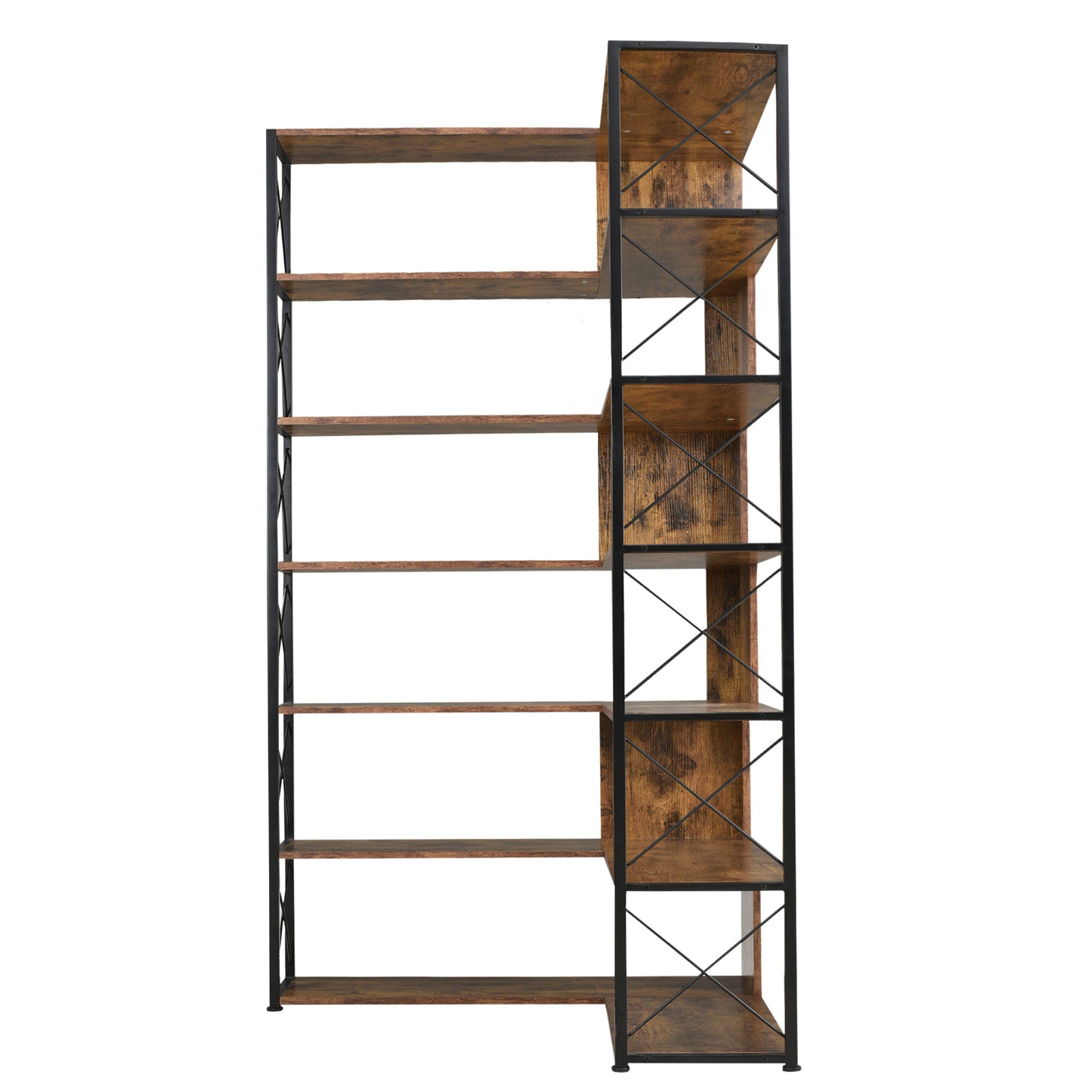 7-Tier Bookcase Home Office Bookshelf,  L-Shaped Corner Bookcase with Metal Frame, Industrial Style Shelf with Open Storage, MDF Board