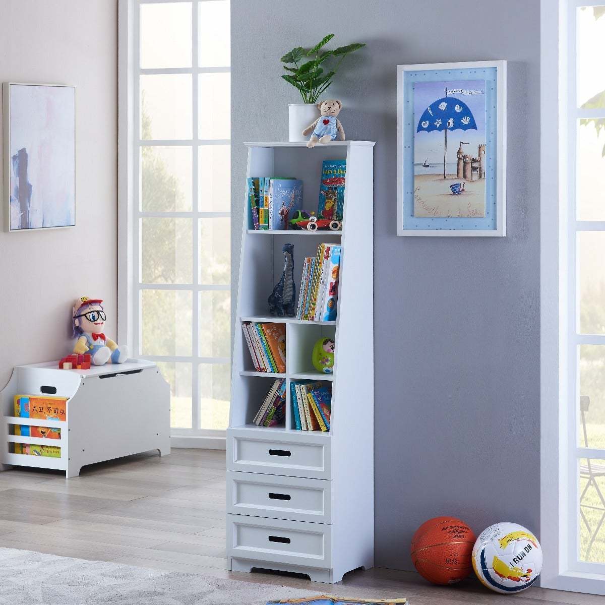 Kids Funnel White Bookcase Book Shelf Storage Unit with Book Display/Organizer Drawers - Classic White Color