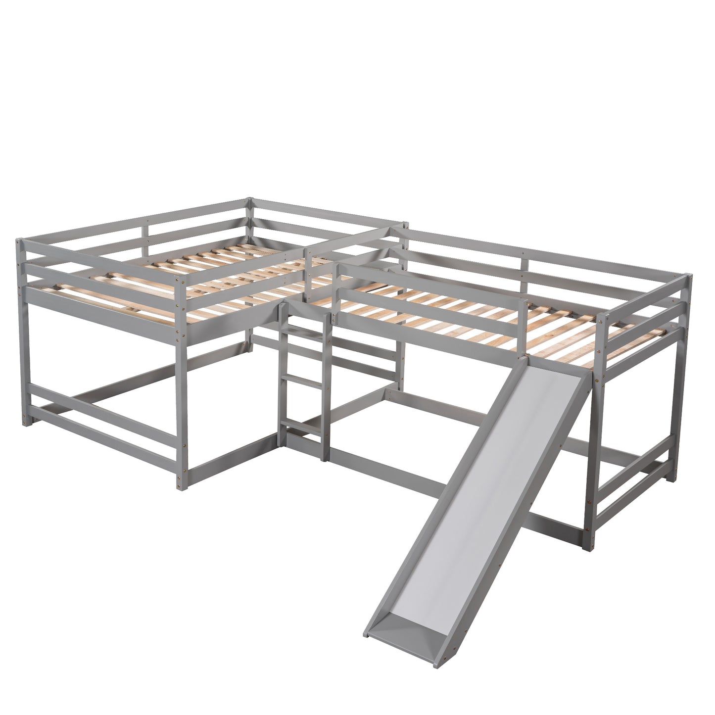 Full and Twin Size L-Shaped Bunk Bed with Slide and Short Ladder,Gray