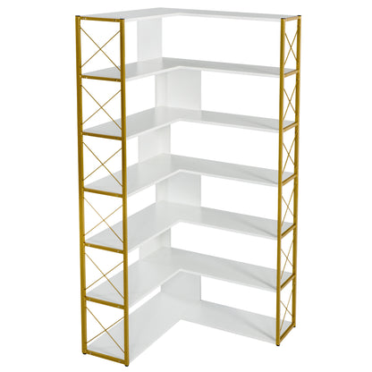 Golden+White 7-Tier Bookcase Home Office Bookshelf,  L-Shaped Corner Bookcase with Metal Frame, Industrial Style Shelf with Open Storage, MDF Board