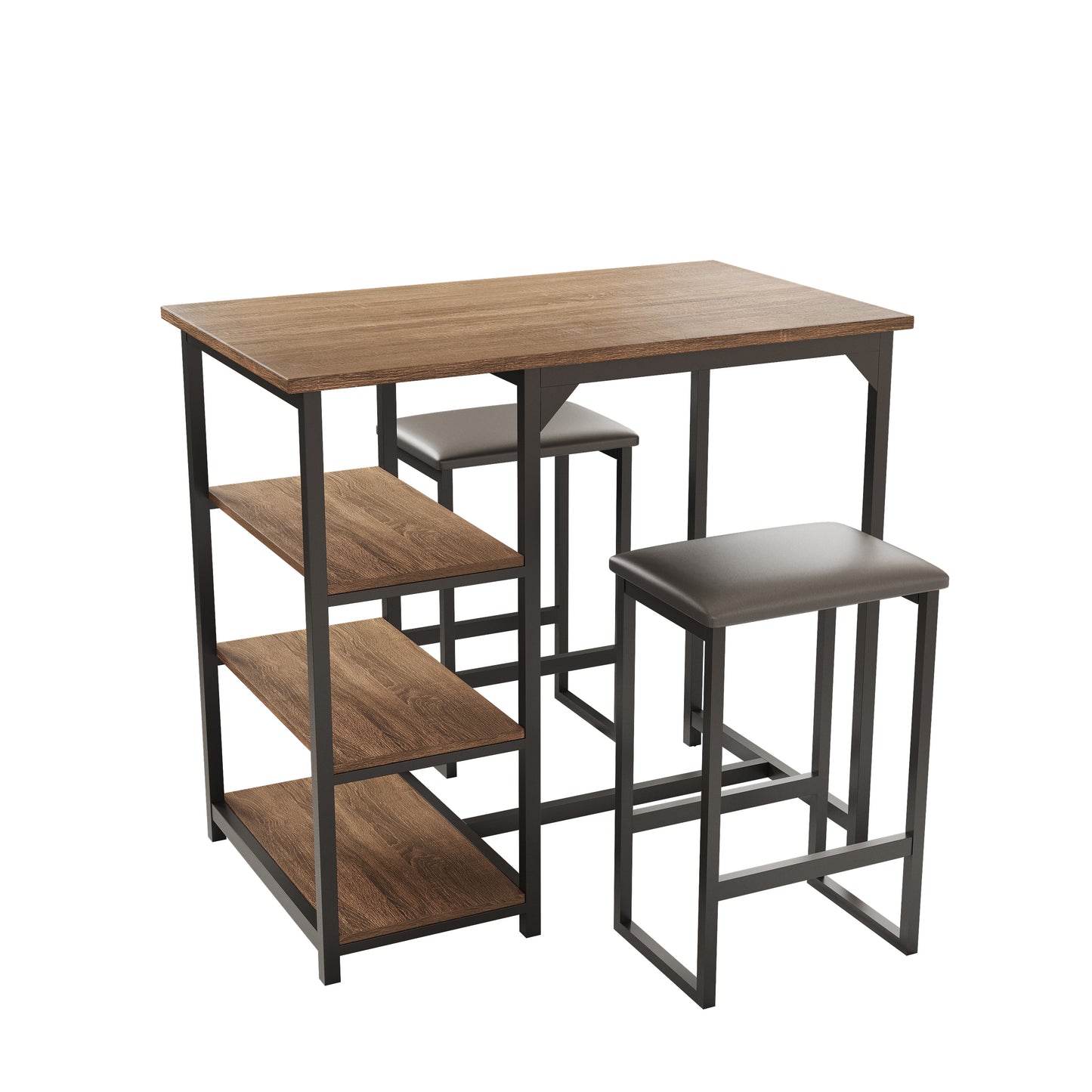 Modern 
3-Piece Bar tabies and chairs  Set with 2 Chairs for Dining Room，Black Frame+Brown oak board surface+Black cushion