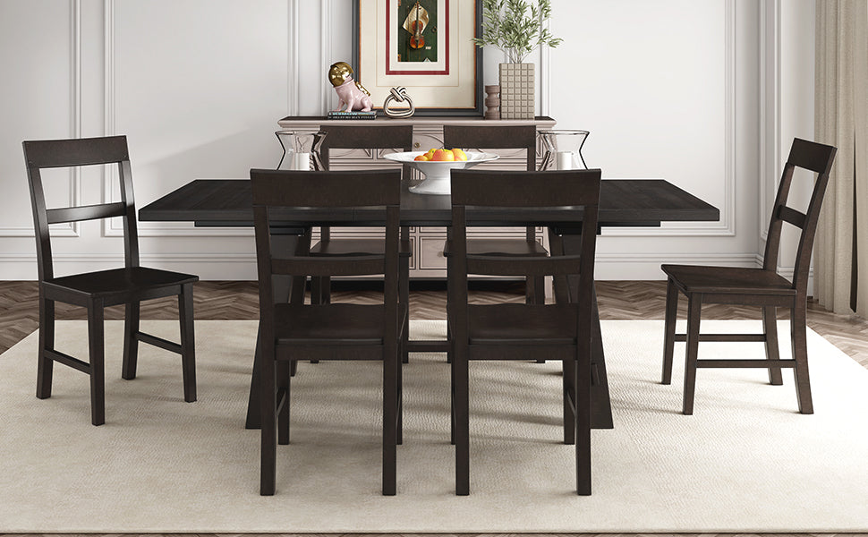 TREXM Retro Industrial Style 7-Piece Dining Table Set Extendable Table with 18” Leaf and Six Wood Chairs 
(Espresso)