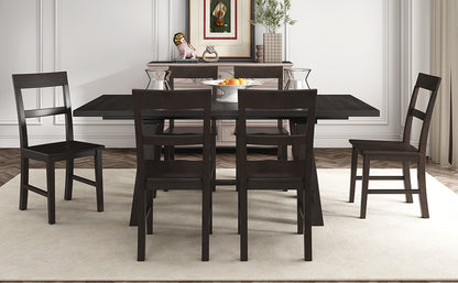 TREXM Retro Industrial Style 7-Piece Dining Table Set Extendable Table with 18” Leaf and Six Wood Chairs 
(Espresso)