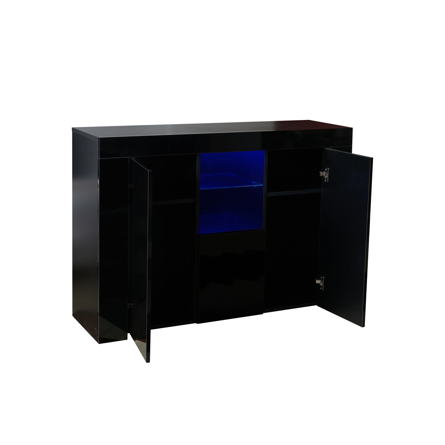 Kitchen Sideboard Cupboard with LED Light, Black High Gloss Dining Room Buffet Storage Cabinet Hallway Living Room TV Stand Unit Display Cabinet with Drawer and 2 Doors