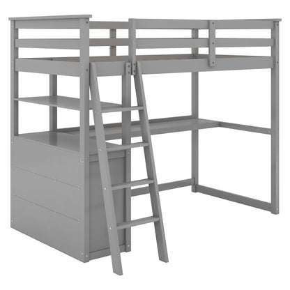 Twin Size Loft Bed with Desk and Shelves,Two Built-in Drawers,Gray(OLD SKU:GX000803AAE)