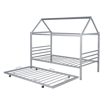 Twin Size Metal House Shape Platform Bed with Trundle,Silver