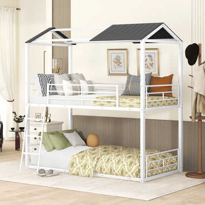 Twin Over Twin Bunk Bed Metal Bed with Half Roof, Guardrail and Ladder White