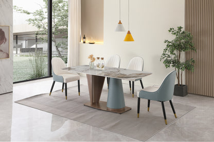 71"  Pandora color sintered stone dining table with cone shape  Pedestal Base in champagne and blue color