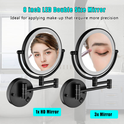 8 Inch LED Wall Mount Two-Sided Magnifying Makeup Vanity Mirror 12 Inch Extension Matte Black 1X/3X Magnification Plug 360 Degree Rotation Waterproof Button Shaving Mirror