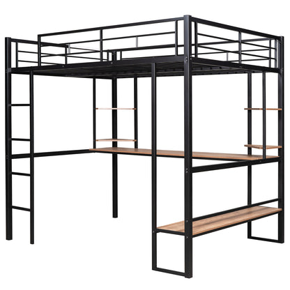 Full Size Loft Metal&MDF Bed with Long Desk and Shelves,Black