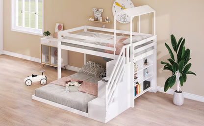 Twin over Full House Roof Bunk Bed with Staircase and Shelves, White