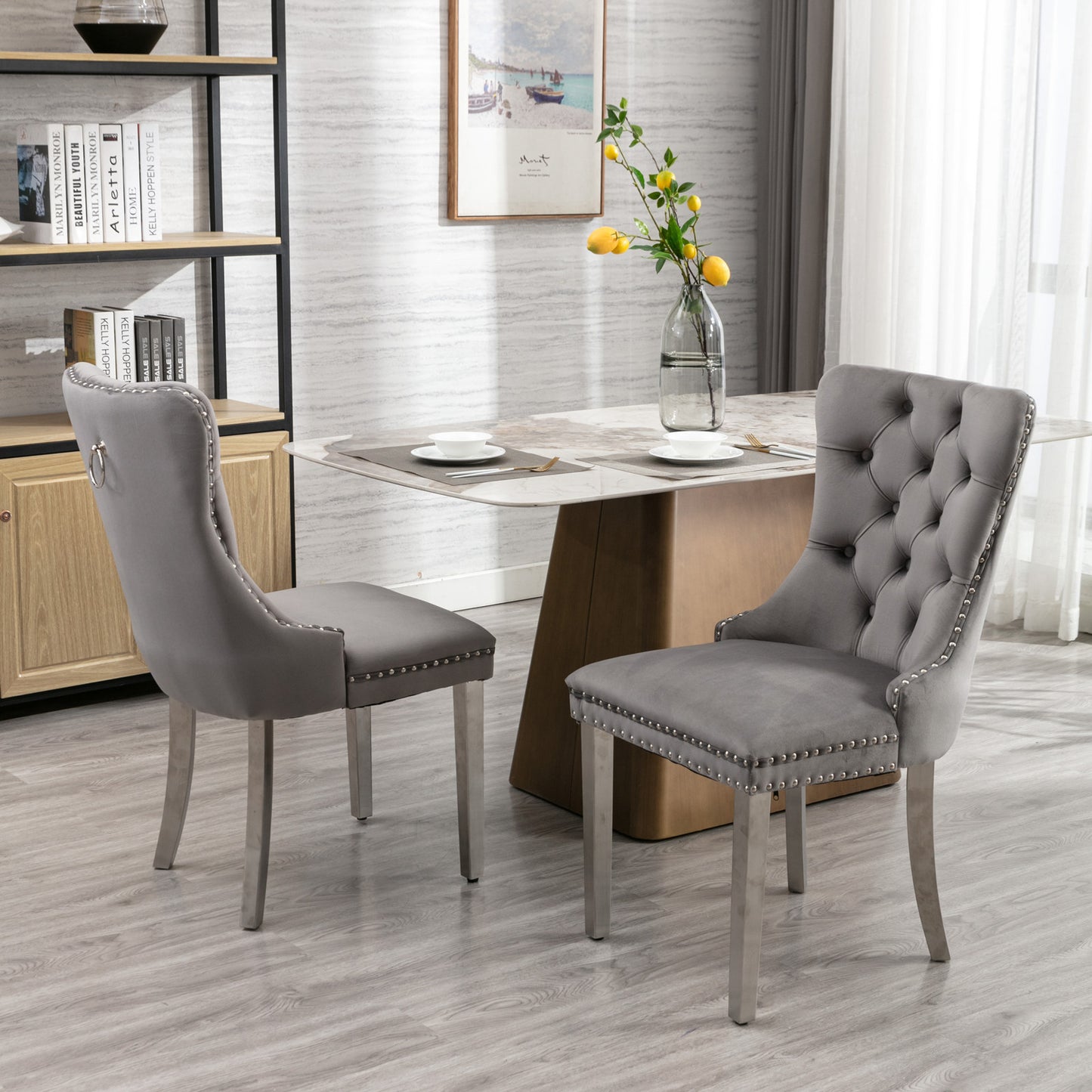 A&A Furniture,Nikki Collection Modern, High-end Tufted Solid Wood Contemporary Velvet Upholstered Dining Chair with Chrome Stainless Steel Plating Legs,Nailhead Trim,Set of 2，Gray and Chrome, SW1701GY