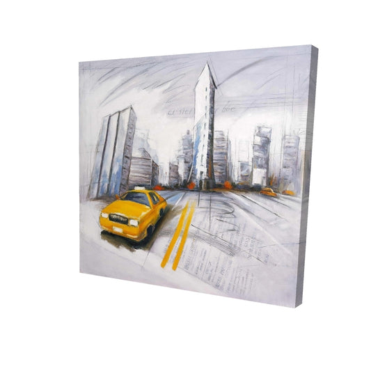 Yellow taxi and city sketch - 08x08 Print on canvas