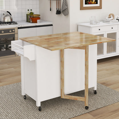 Double Door Kitchen Island with Lockable Wheels, Towel Rack, Storage Drawer and Three Open Shelves-White