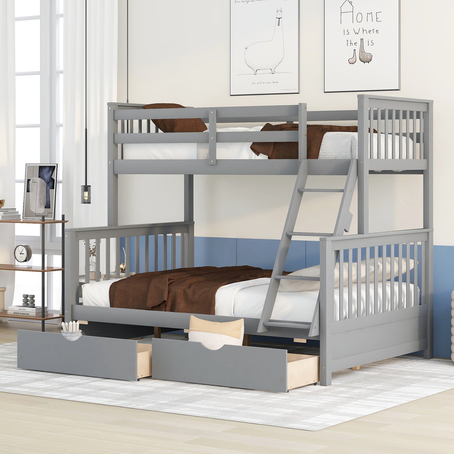 Twin-Over-Full Bunk Bed with Ladders and Two Storage Drawers(Gray)( old sku:LT000165AAE）