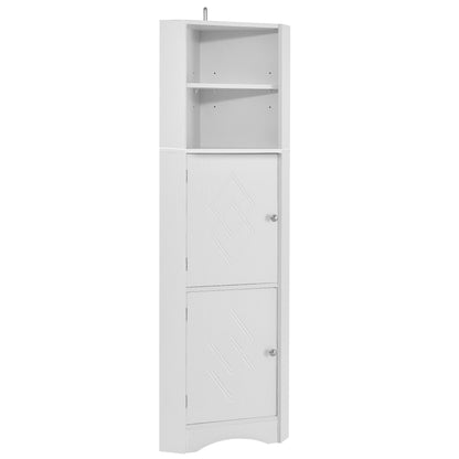 Tall Bathroom Corner Cabinet, Freestanding Storage Cabinet with Doors and Adjustable Shelves, MDF Board, White