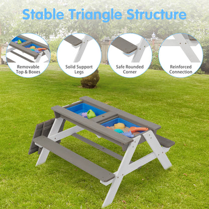 3-in-1 Kids Outdoor Wooden Picnic Table With Umbrella, Convertible Sand & Wate, Gray AMASTM & CPSIACERTIFICATION