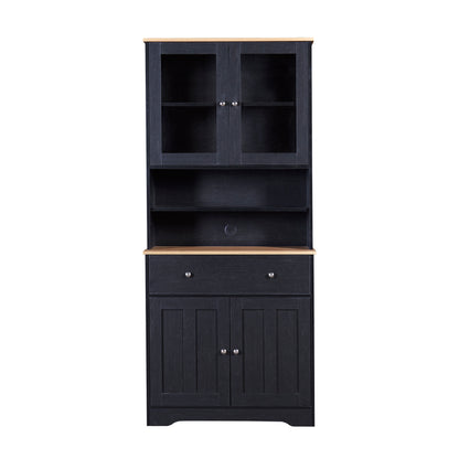 TREXM 70.9" Multifunctional Pantry Cabinet MDF Storage Cabinet with Glass Doors, A Large Drawer and Adjustable Shelves (Black)