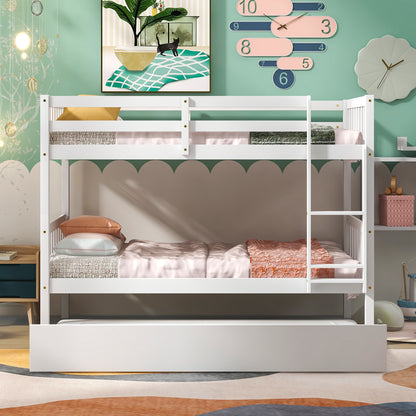 Twin Over Twin Bunk Beds with Trundle, Solid Wood Trundle Bed Frame with Safety Rail and Ladder, Kids/Teens Bedroom, Guest Room Furniture, Can Be converted into 2 Beds, White (Old Sku:W504S00028)