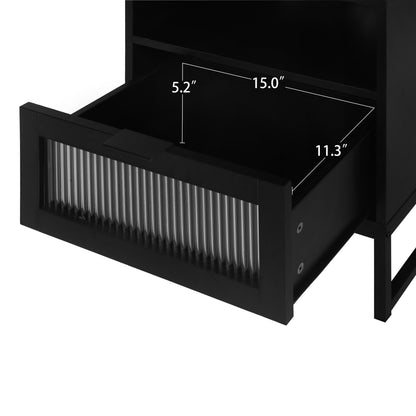 Nightstand with LED Lights / Drawer, Black Bedside Table for Bedroom