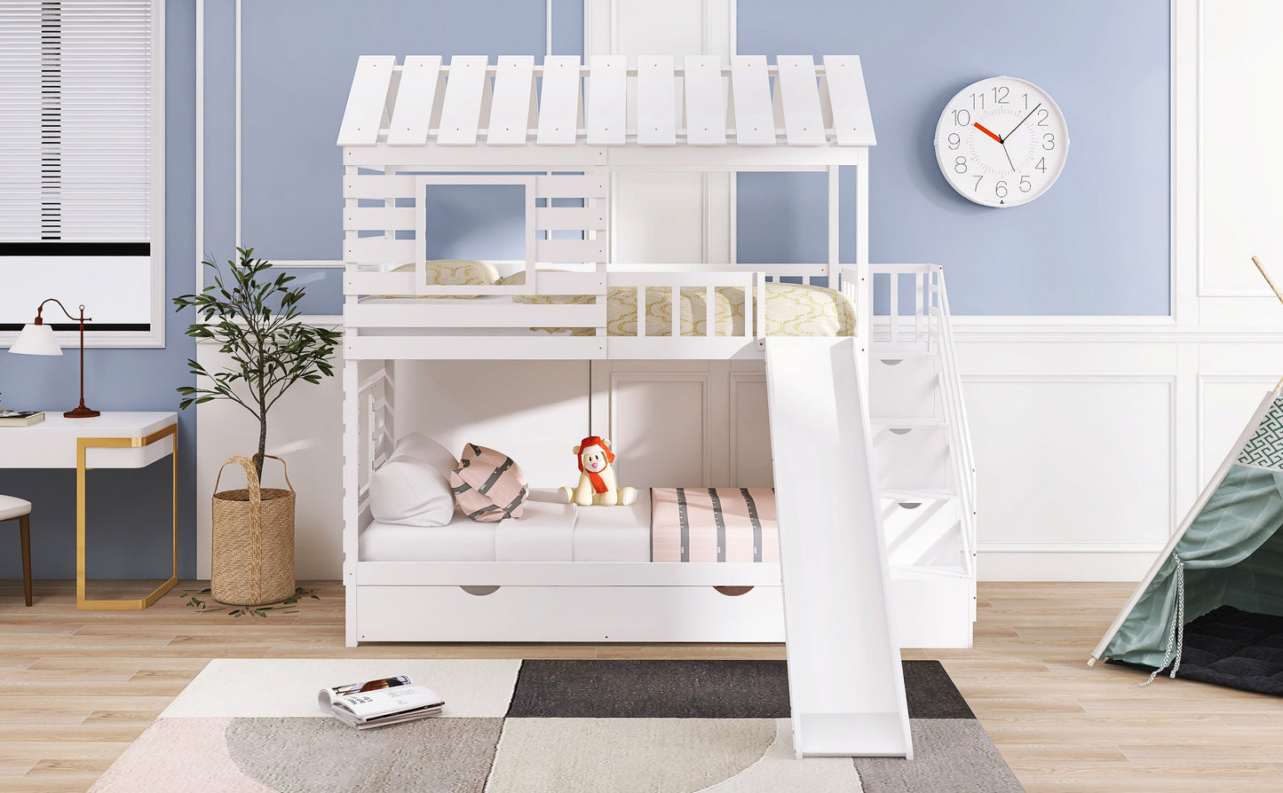 Twin over Twin House Bunk Bed with Trundle and Slide, Storage Staircase,Roof and Window Design, White