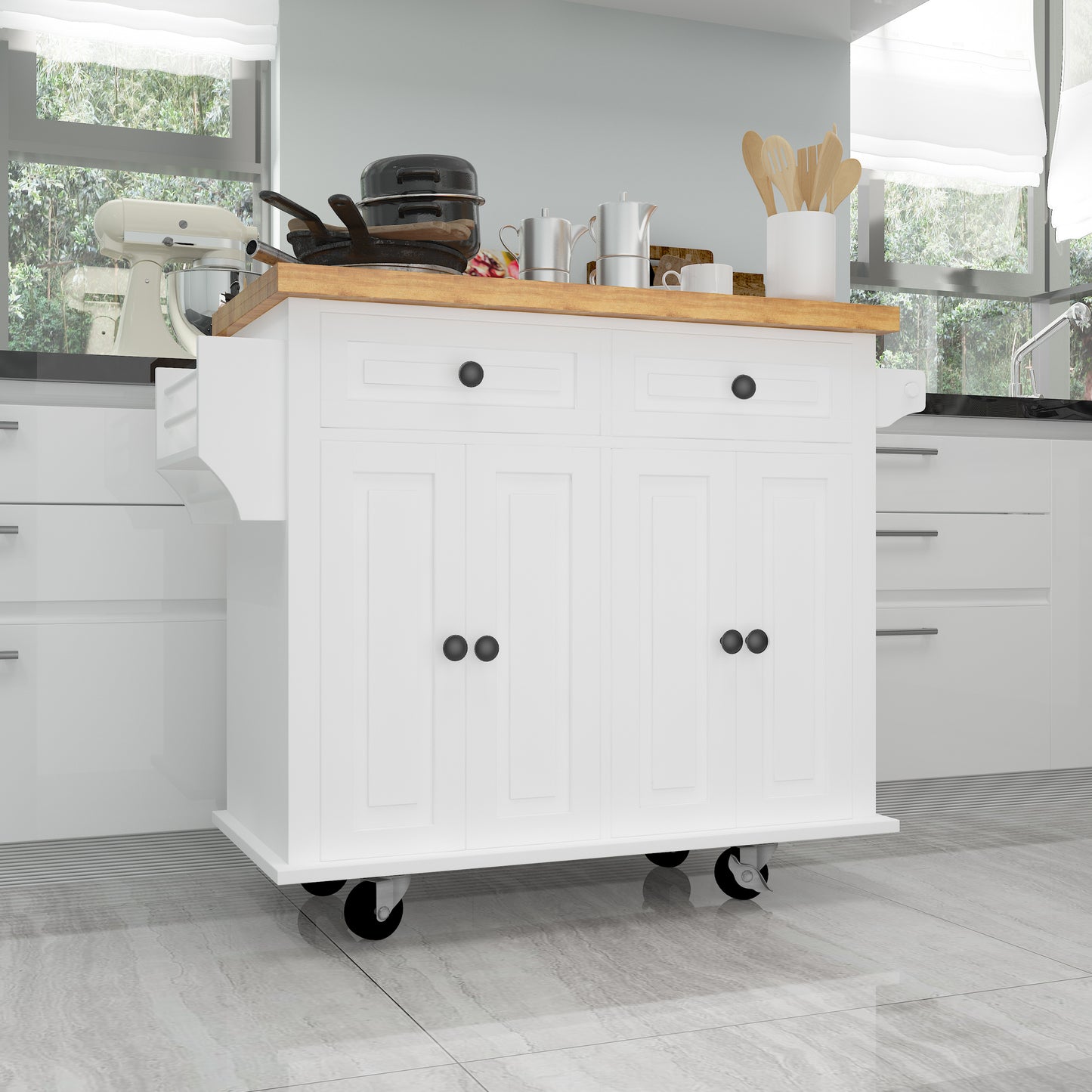 Kitchen Island Cart with Two Storage Cabinets and Two Locking Wheels，43.31 Inch Width，4 Door Cabinet and Two Drawers，Spice Rack, Towel Rack （White）