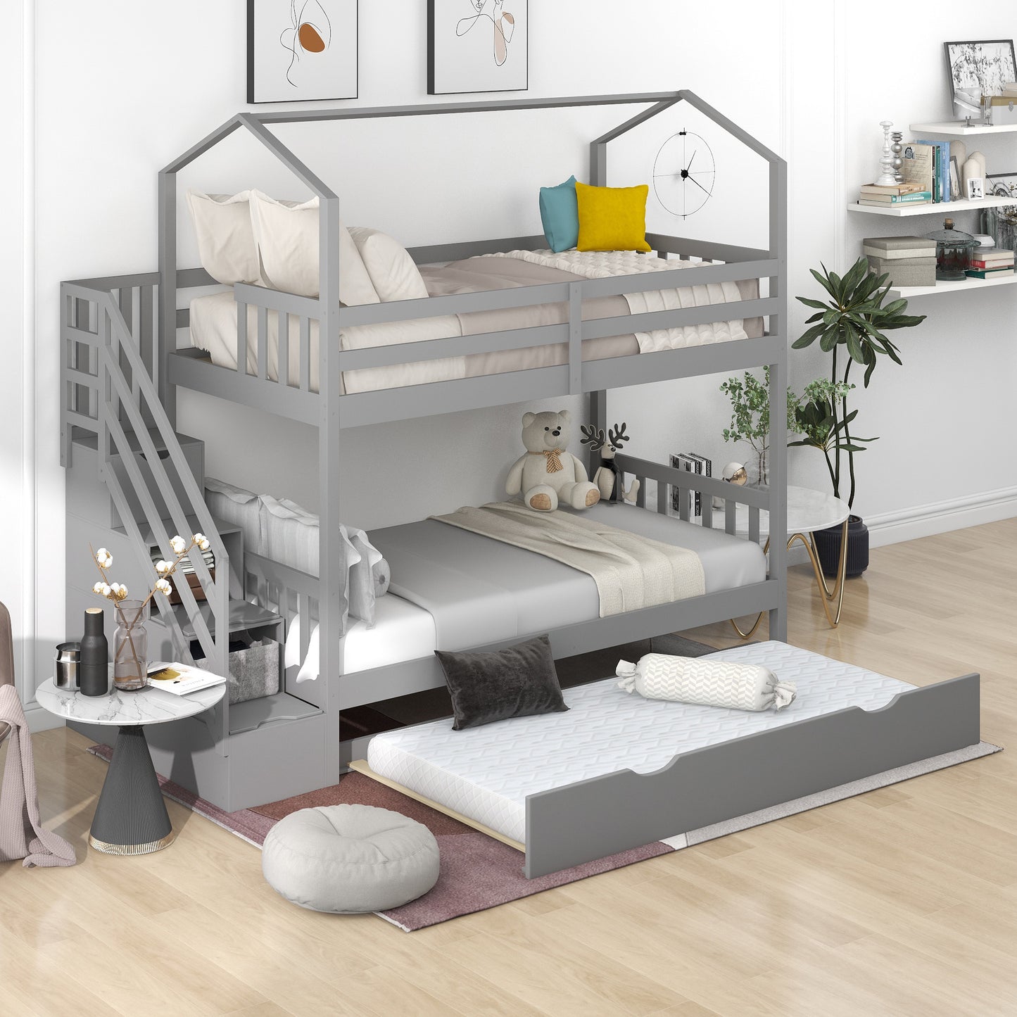 Multifunctional Twin over Twin House Bunk Bed with Staircase and Storage Space,Gray