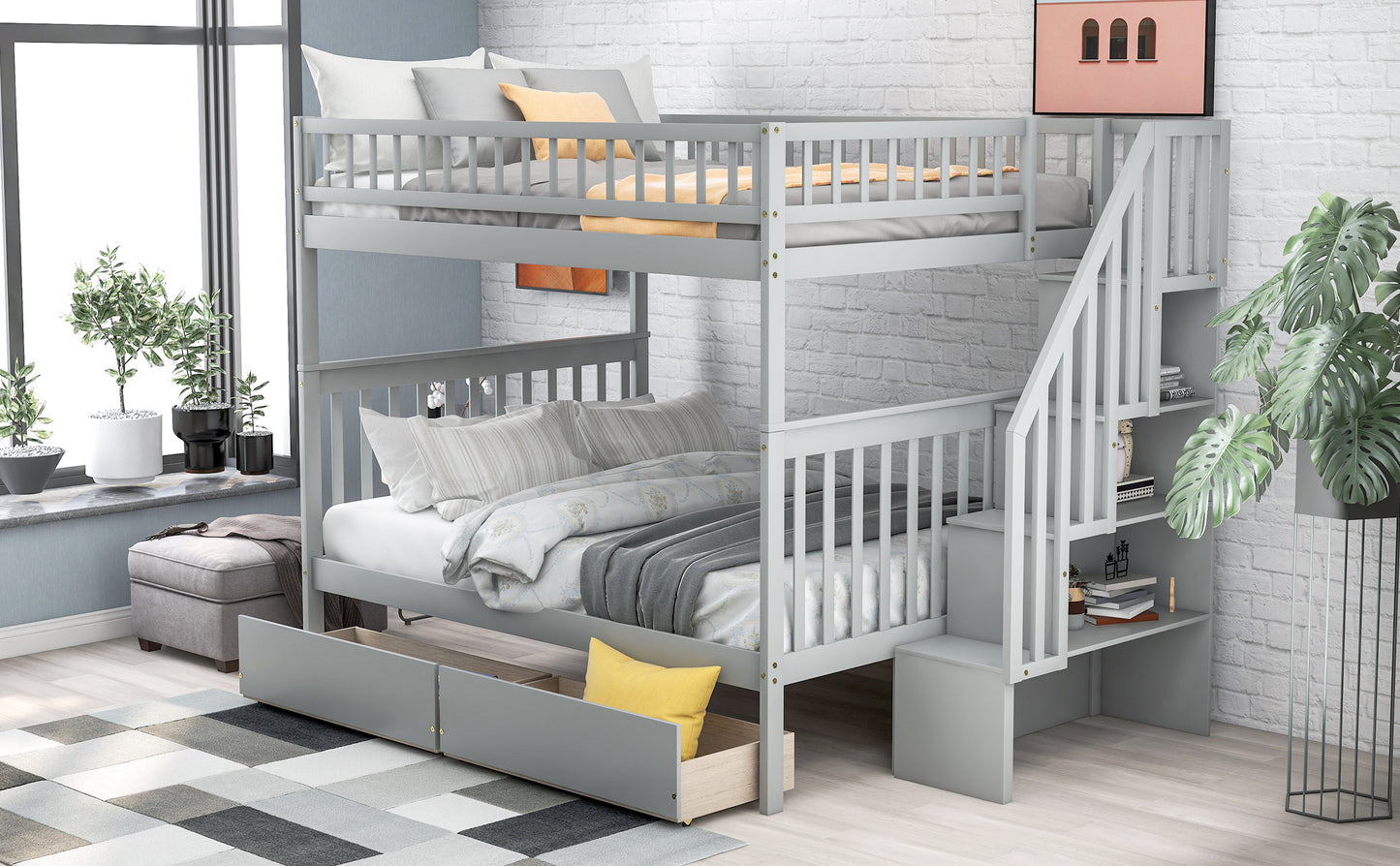 Full over Full Bunk Bed with Two Drawers and Storage, Gray