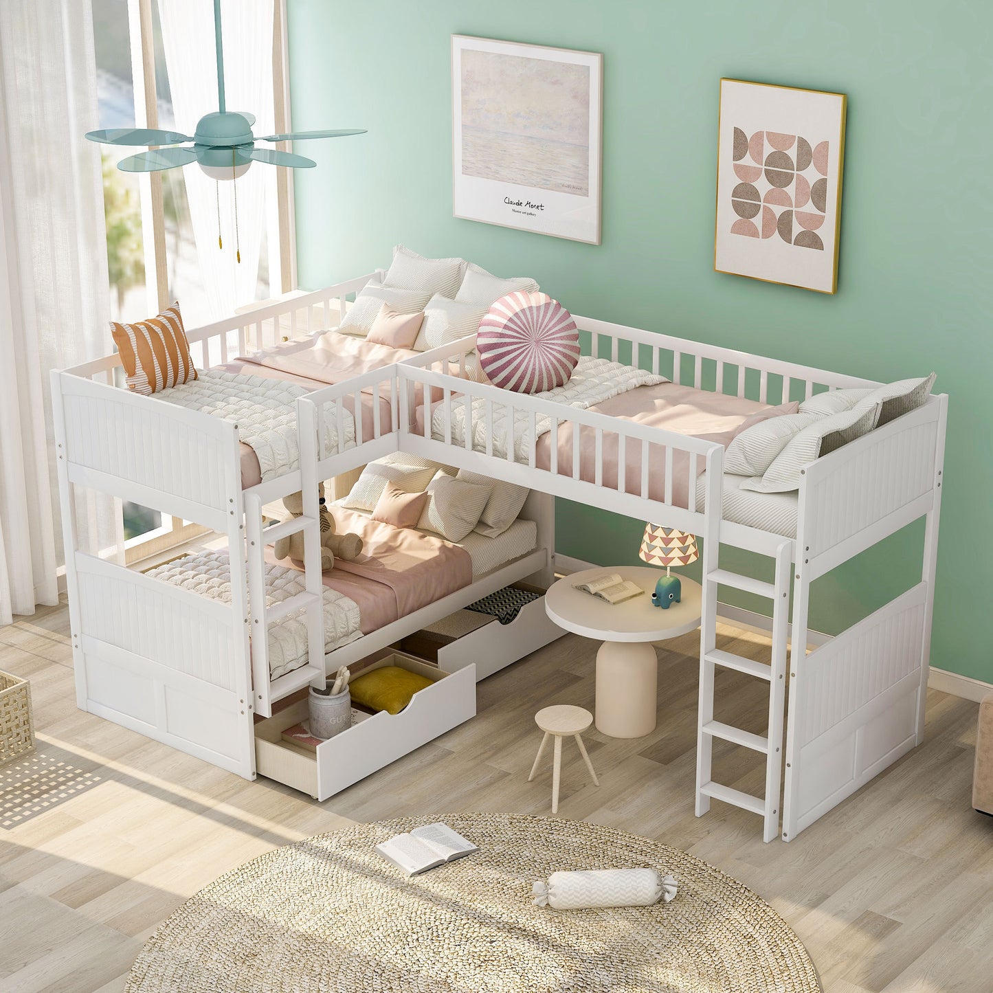 Twin Size Bunk Bed with a Loft Bed attached, with Two Drawers,White