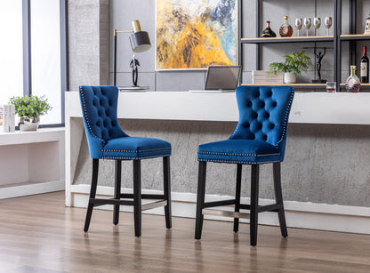 Set of 2 Upholstered Blue Velvet Bar stool with Solid Wood Legs