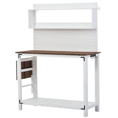 TOPMAX 65inch Garden Wood Workstation Backyard Potting Bench Table with Shelves, Side Hook and Foldable Side Table,White