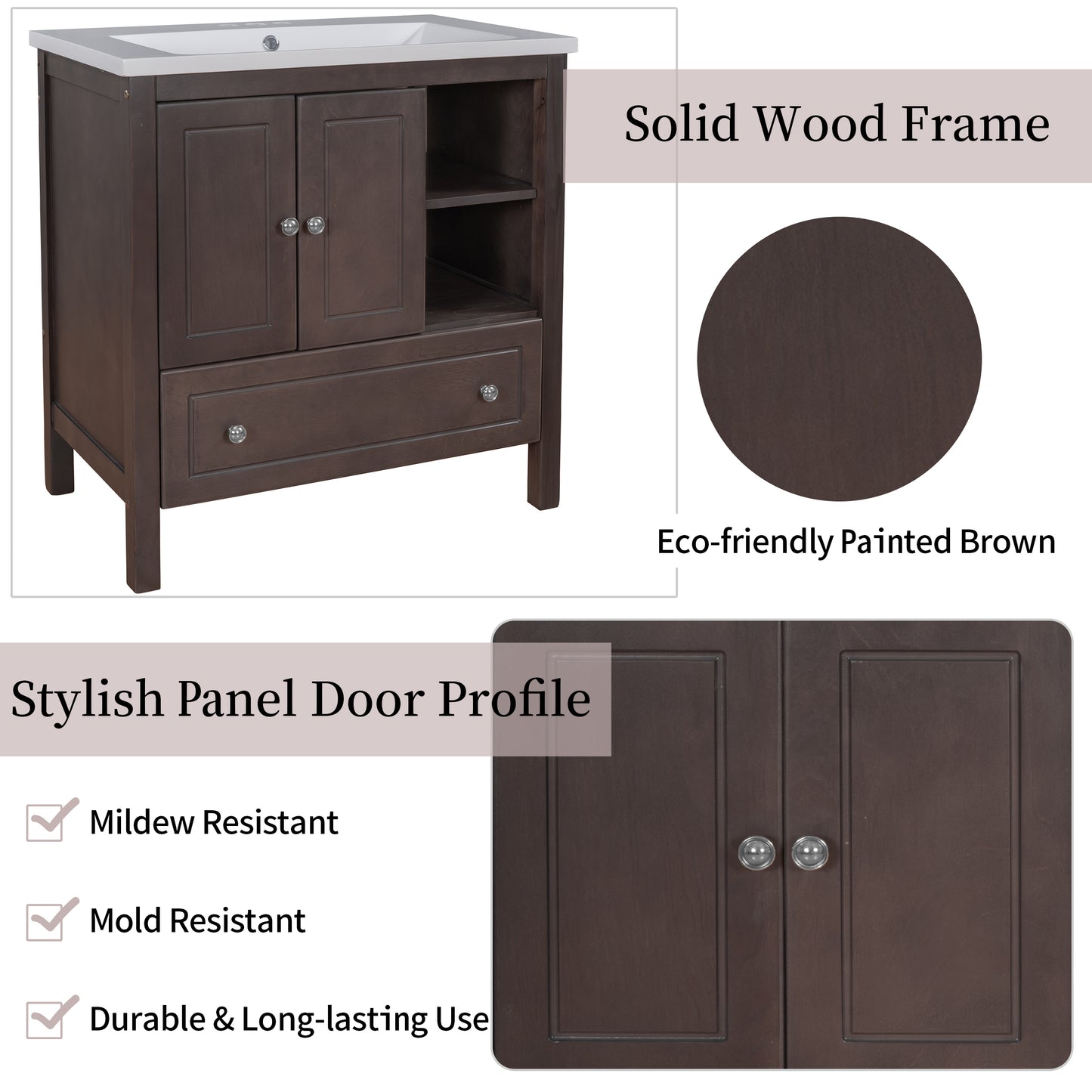 [VIDEO] 30" Bathroom Vanity with Sink, Bathroom Storage Cabinet with Doors and Drawers, Solid Wood Frame, Ceramic Sink, Brown