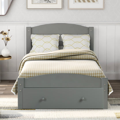 Platform Twin Bed Frame with Storage Drawer and Wood Slat Support No Box Spring Needed, Gray