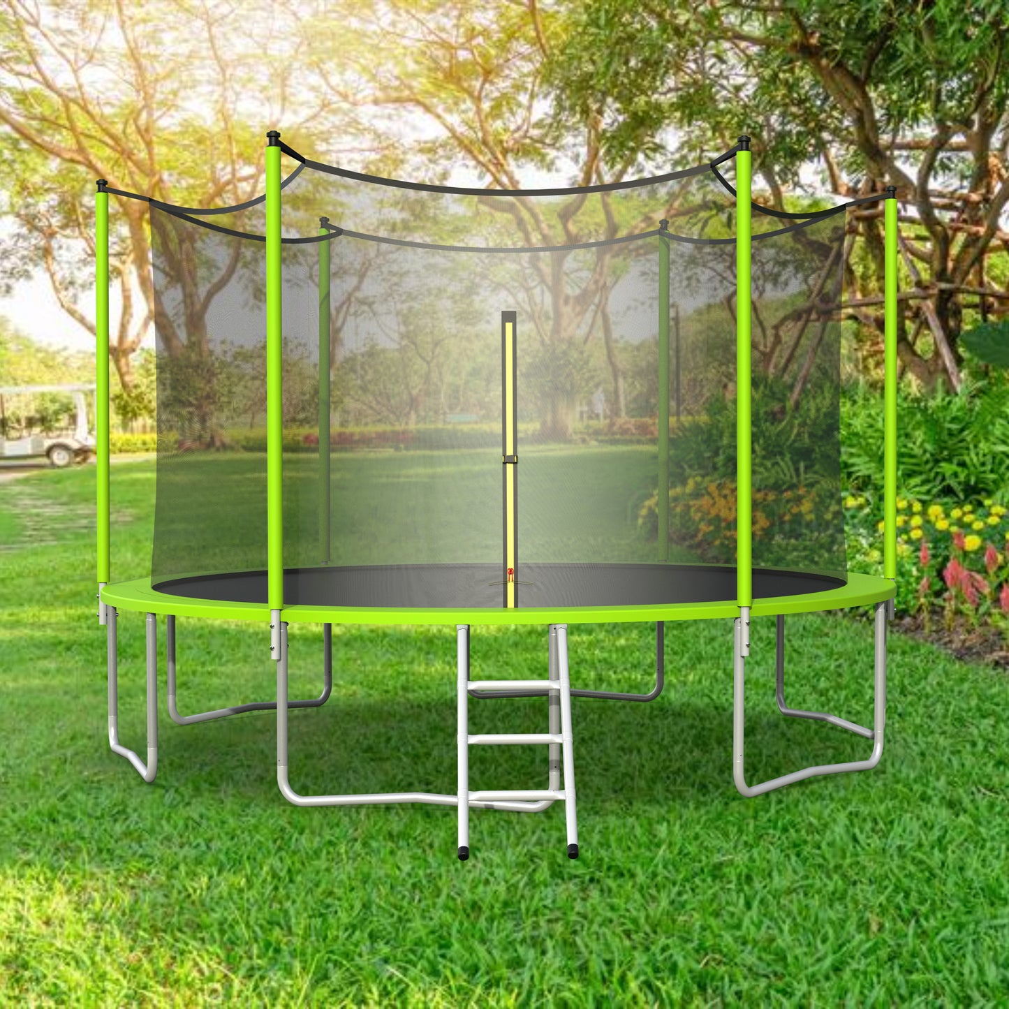 12FT Trampoline with Safety Enclosure Net,Outdoor Fitness Trampoline PVC Spring Cover Padding Exercise Trampoline,Green