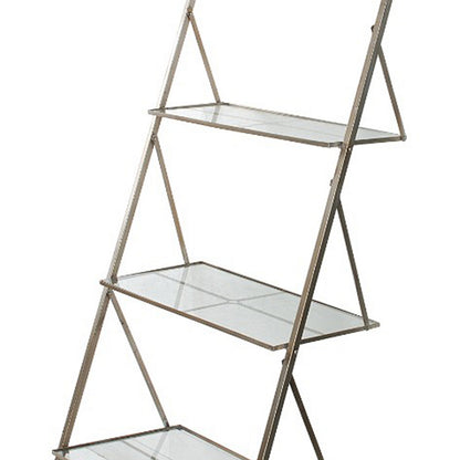 94 Inch 4 Tier Metal Frame Shelf, Ladder Style, Glass, Antique Silver