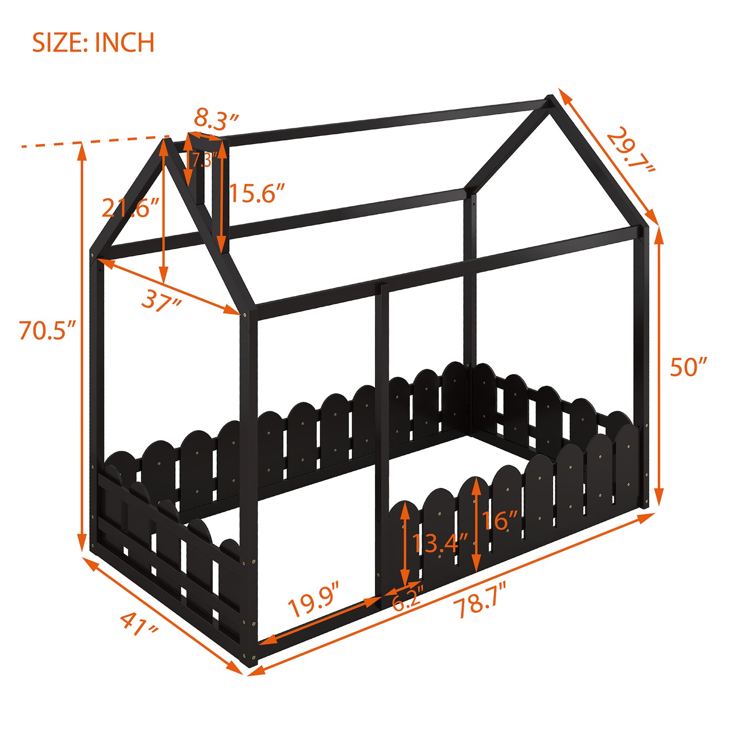 （Slats are not included) Twin Size Wood Bed House Bed Frame with Fence, for Kids, Teens, Girls, Boys (Espresso )(OLD SKU :WF194274AAP)