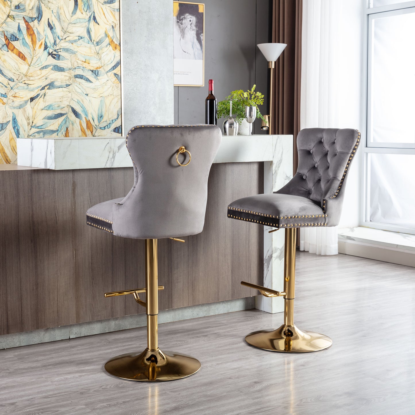 Swivel Bar Stools Chair Set of 2 Modern Adjustable Counter Height Bar Stools, Velvet Upholstered Stool with Tufted High Back & Ring Pull for Kitchen , Chrome Golden Base, Grey